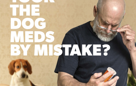 An older gentleman is struggling to read a medication bottle and a dog in the background.